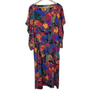 Vtg Albert Nipon Dress Size 10 Drop Waist 100% Silk Dolman Maximalist Floral Art